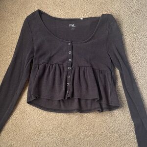 Women's Chocolate Brown Ribbed Button-Front Peplum Top